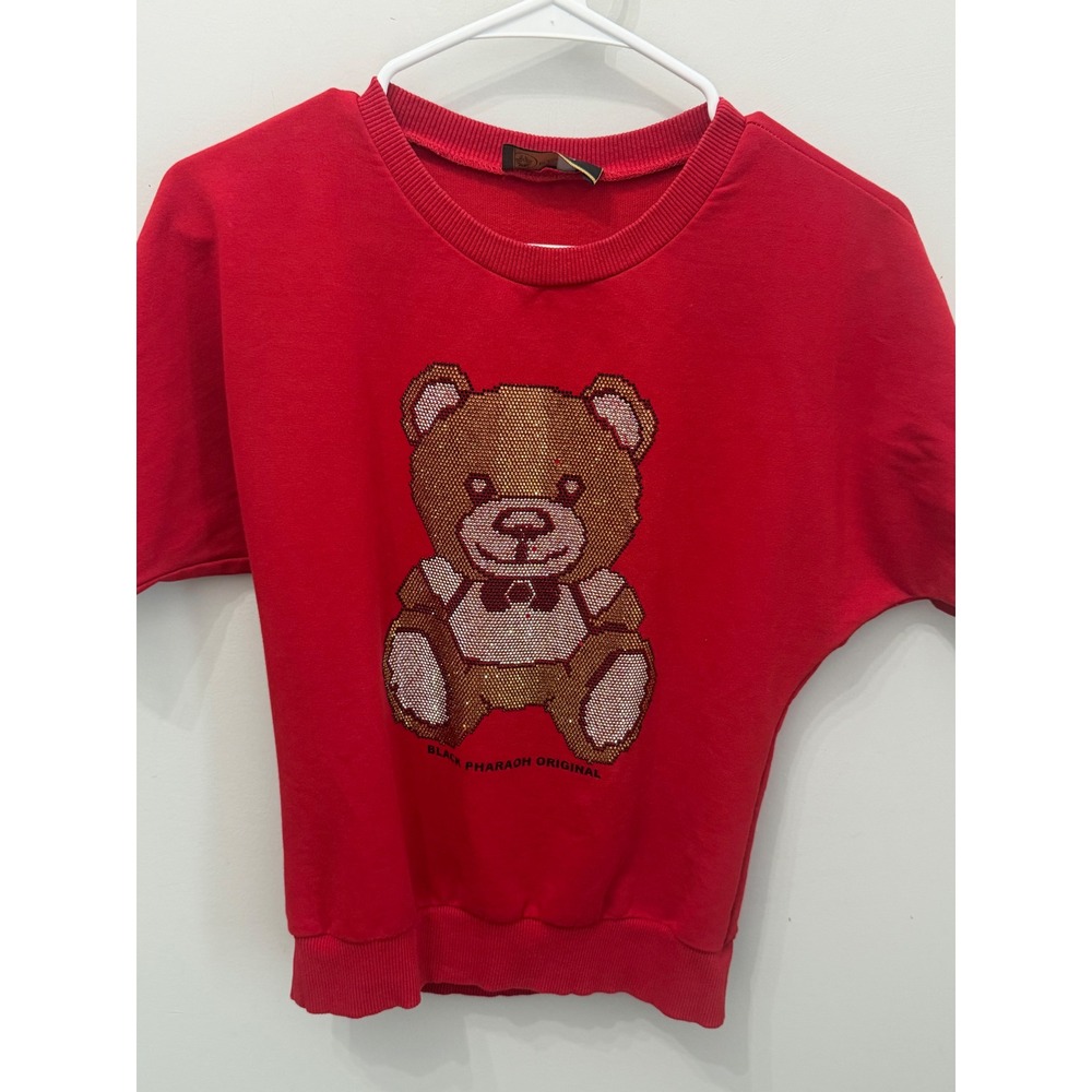 Black Pharaoh Original Rhinestone Teddy Bear Sweatshirt Red‎ XS Y2K Streetwear